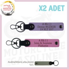 Motor Severlere Özel, Isim Plaka, A Rh (-) Kan Grubu Yazılı Özel Tasarım X2 Anahtarlık, Mor-Pembe-Gr