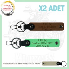 Bikera Özel Tasarım, Isim Plaka ve A Rh (+) Kan Grubu Yazılı X2' Li Anahtarlık Set, Kahve-F Yeşil-Sk