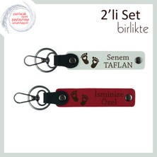 Miawiki Adı Yazılabilir Kalpli Bebek Ayağı Temalı Sevimli 2’li Deri Anahtarlık Seti, Beyaz-Kırmızı