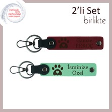 Miawiki Minik Patili Kalp Figürlü Deri Anahtarlık Set, Hayvansever Arkadaşa, Isim Yazılabilir, Bordo-A Yeşil