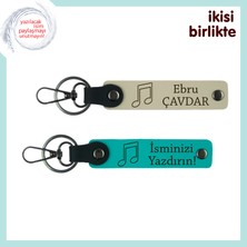 Miawiki Sanatsever Sevgiliye Romantik Hediye, Isim Yazılabilir Deri Anahtarlık Set, Sütlü Kahve-Koyu Turkuaz