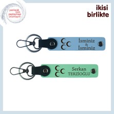 Miawiki Sevgiliye  Üç Hilal Temalı Aşk Hediyesi, Isim Yazılı 2’li Deri Anahtarlık Set, Mavi-Yeşil