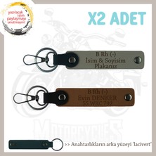 Motor Severlere Isim Plaka ve B Rh (-) Kan Grubu Yazılı Doğum Günü X2 Anahtarlık, Kül Gri-Kahve-Laci