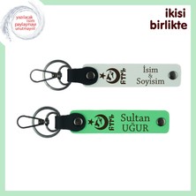 Miawiki Kişiye Özel Tasarımlı Ayyıldız Kurt Göktürk Temalı 2’li Isim Yazılı Anahtarlık Seti, Beyaz-Yeşil