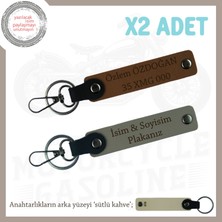 Miawiki Biker Tarzına Özel, Isim ve Plaka Yazılı Hediye X2 Deri Anahtarlık Takım, Kül Gri-Kahve-Sk