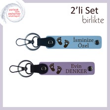 Miawiki Yeni Bebek Hediyesi Olarak Seçilecek Kişisel Armağan, Kalpli Ayak Temalı Deri Anahtarlık, G Mavi-Mor