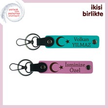 Miawiki Kız Arkadaşa Milli Motifli Romantik Hediye – Ay Yıldızlı Anahtarlık Seti, Koyu Turkuaz-Pembe