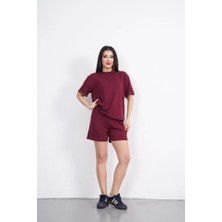 Gacha Osy Modal Yumuşak Dokulu Kumaş Bisiklet Yaka T-Shirt Kısa Şort Ikili Takım - Bordo