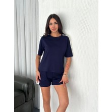 Gacha Osy Modal Yumuşak Dokulu Kumaş Parçalı Bisiklet Yaka T-Shirt Kısa Şort Ikili Takım - Mavi