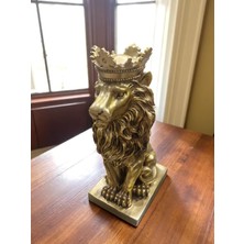 Taçlı Aslan Heykeli | 40X25X20 cm | Altın Detaylı Polyester Dekoratif Figür