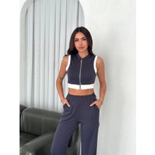Gacha Osy Modal Yumuşak Dokulu Kumaş Tam Fermuarlı Crop Pantalon Ikili Takım - Antrasit