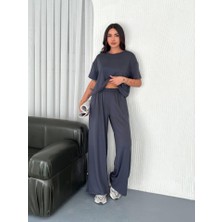 Gacha Osy Modal Yumuşak Dokulu Kumaş Bisiklet Yaka T-Shirt Bol Paça Pantalon Ikili Takım -Antrasit