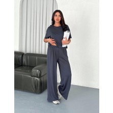 Gacha Osy Modal Yumuşak Dokulu Kumaş Bisiklet Yaka T-Shirt Bol Paça Pantalon Ikili Takım -Antrasit