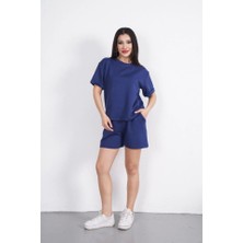 Gacha Osy Modal Yumuşak Dokulu Kumaş Bisiklet Yaka T-Shirt Kısa Şort Ikili Takım - Mavi