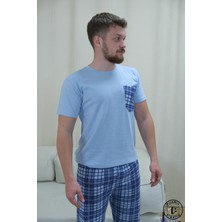 Açık Mavi Ekose Desenli Kısa Kol Erkek Pijama Takımı