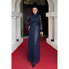 Saçaklı Pul Payet Kumaş Uzun Abiye - Lacivert