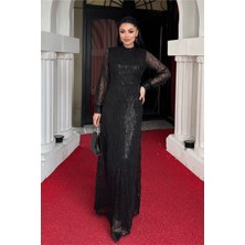 Saçaklı Pul Payet Kumaş Uzun Abiye - Siyah