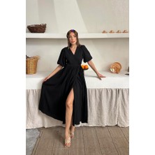 Siyah Müslin Uzun Elbise