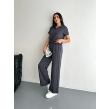 Gacha Osy Modal Yumuşak Dokulu Kumaş Kısa Kollu Yakalı T-Shirt Pantalon Ikili Takım- Antrasit