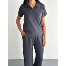 Gacha Osy Modal Yumuşak Dokulu Kumaş Kısa Kollu Yakalı T-Shirt Pantalon Ikili Takım- Antrasit