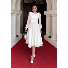 Sifon Kumaş Çiçek Detaylı Midi Elbise - Beyaz