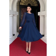 Sifon Kumaş Çiçek Detaylı Midi Elbise - Lacivert