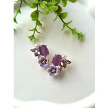 Çiçekli Taşlı Tasarım Küpe (Mor)