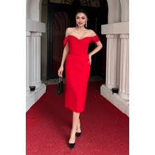 Atlas Kumaş Korse Detaylı Kalem Elbise - Kırmızı