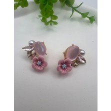 Çiçekli Taşlı Tasarım Küpe (Pembe)