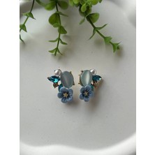 Çiçekli Taşlı Tasarım Küpe (Mavi)