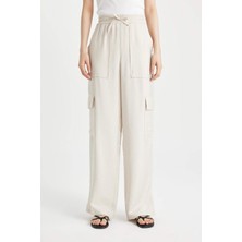 DeFacto Wide Leg Dökümlü Kumaş Pantolon Beli Lastikli Bağcıklı Geniş Bol Paça Cepli Yüksek Bel Uzun Boy Paça Yırtmaçlı A9212AX24SM