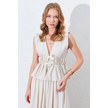 Kadın Taş Kolsuz Beli Gipeli Fiyonk Desenli Bluz