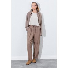 Kadın Toprak Beli Lastikli Havuç Kesim Keten Pantolon