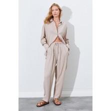 Kadın Koyu Bej Beli Lastikli Havuç Kesim Keten Pantolon