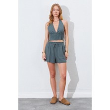 Kadın Haki Crop Bluz Şort Keten Takım