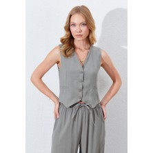 Kadın Haki Fleto Cepli Arkası Gipeli Yelek