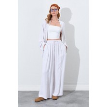 Kadın Naturel Beli Lastikli Palazzo Keten Pantolon