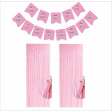 Pembe-Gümüş Banner ve 2 Adet Pembefon Perde