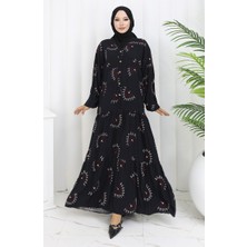 Sefa Merve Viskon Kumaş Desenli Düğmeli Elbise 0088-05 Siyah