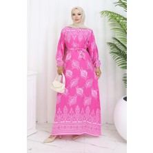 Sefa Merve Desenli Kuşaklı Elbise 2092-05 Pembe