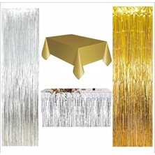 4 Parça Gold Masa Örtüsü, Gümüş Masa Eteği, 1 Adet Gümüş,1 Adet Gold Arka Fon