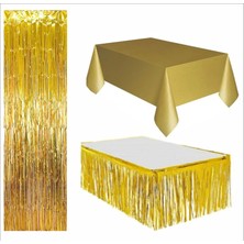 3 Parça Gold Masa Örtüsü, Gold Masa Eteği, Gold Arka Fon