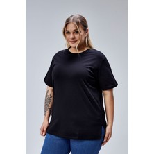 Banega Curve Büyük Beden Siyah Pamuk Boyfriend T-Shirt Kısa Kollu Günlük Kullanım İçin