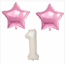 1 Yaş Bej Renk Folyo Balon, 2 Adet Pembe Yıldız Folyo Balon