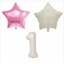 1 Yaş Bej Renk Folyo Balon, 1 Adet Pembe, 1 Adet Bej Yıldız Folyo Balon