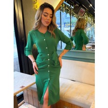 Ahes Shopping Kadın Uzun Kollu Önden Düğmeli Beli Kuşaklı Aerobin Midi Elbise