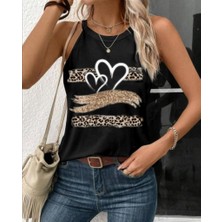 Ahes Shopping Kadın Sıfır Kol Halter Yaka Kalp Baskılı Viskon Bluz