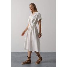 Ahes Shopping Kuşaklı Cep Detaylı Yarım Kol Elbise - Beyaz