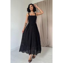 Ahes Shopping Siyah Askılı Aparatlı Brode Elbise