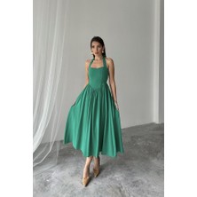 Ahes Shopping Yeşil Boyundan Bağlamalı Keten Elbise